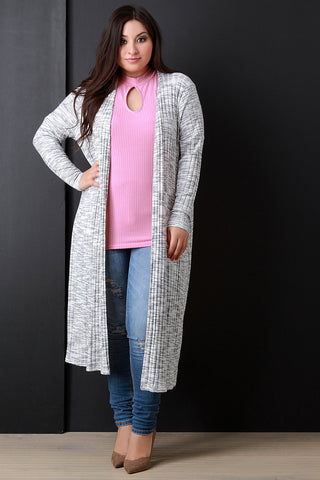 Marled and Ribbed Longline Open Front Cardigan