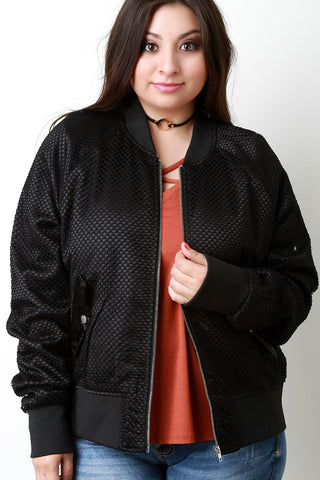 Fishnet Mesh Pocketed Zip-Up Bomber Jacket