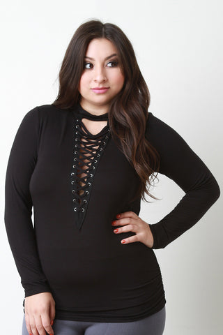 Deep V Lace Up Long Sleeve Tee