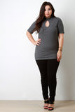 Rib Knit Mock Neck Keyhole Short Sleeve Top