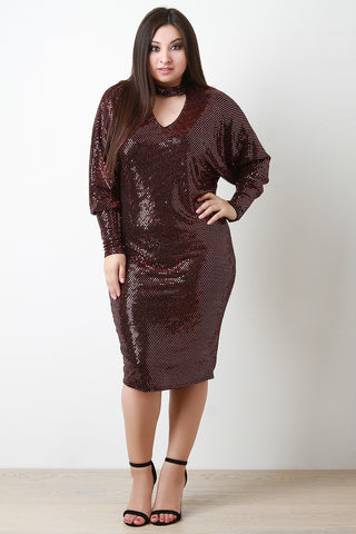 Sequin Shimmer Keyhole Cocktail Midi Dress