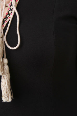Tassel Lace-Up Embroider Quarter Sleeves Shift Dress