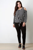 Striped Cold-Shoulder Self-Tie Hem Long Sleeve Top