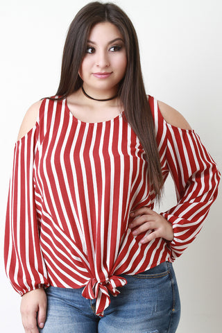 Striped Cold-Shoulder Self-Tie Hem Long Sleeve Top