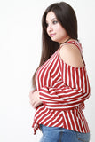 Striped Cold-Shoulder Self-Tie Hem Long Sleeve Top