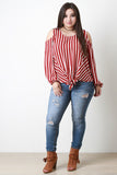 Striped Cold-Shoulder Self-Tie Hem Long Sleeve Top