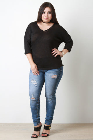 Loose Knit V-Neck Quarter Sleeves Top