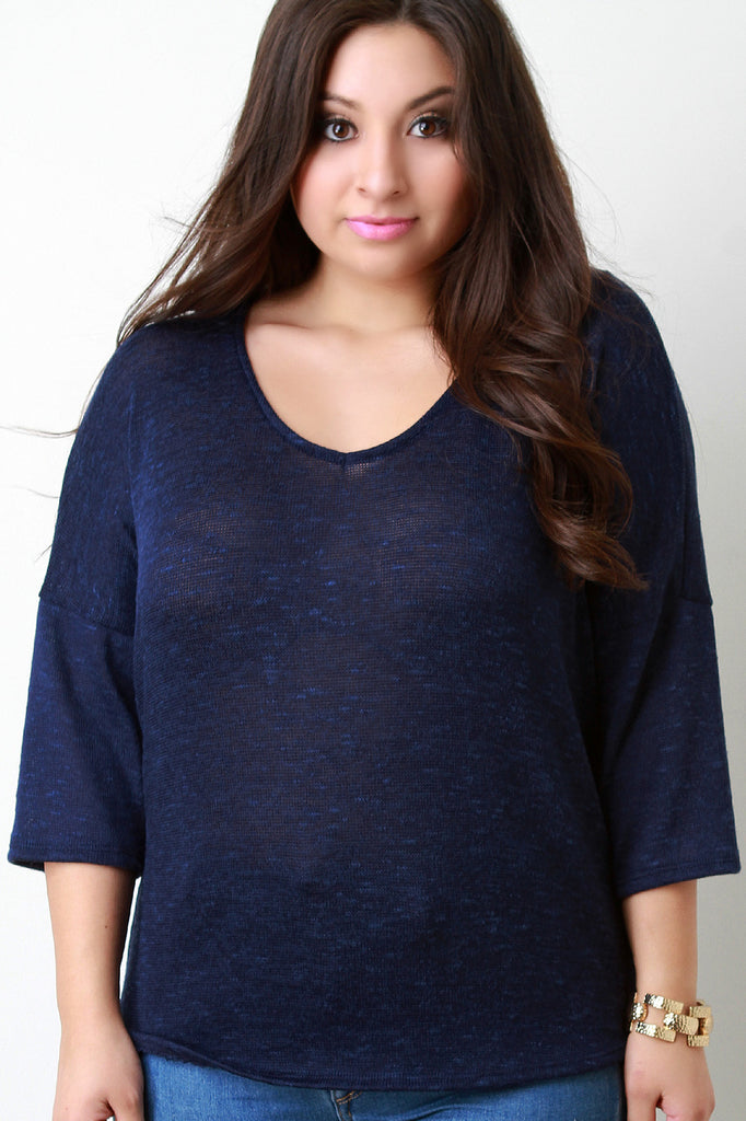 Loose Knit V-Neck Quarter Sleeves Top