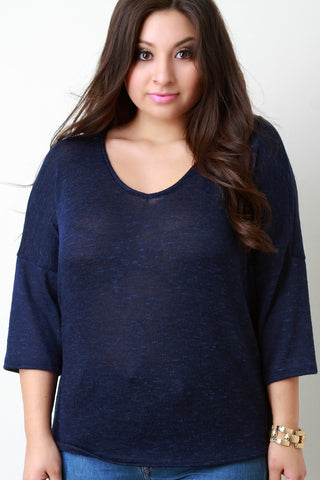 Loose Knit V-Neck Quarter Sleeves Top