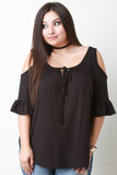 Cold-Shoulder Ruffle Sleeves Self-Tie Top