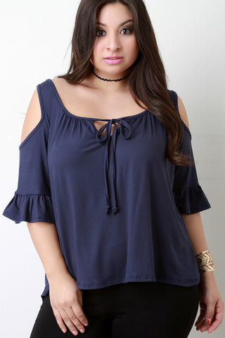 Cold-Shoulder Ruffle Sleeves Self-Tie Top