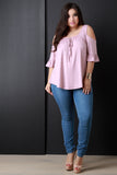 Cold-Shoulder Ruffle Sleeves Self-Tie Top