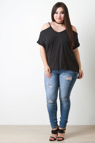 Cold Shoulder Folded Short Sleeves Top