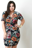 Floral Print Ruched Zip-Up Front Bodycon Dress
