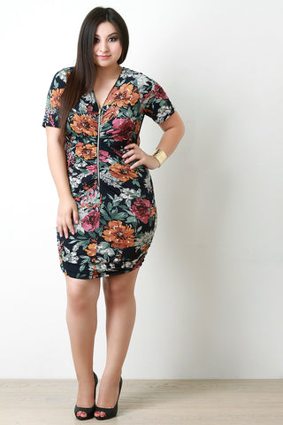 Floral Print Ruched Zip-Up Front Bodycon Dress