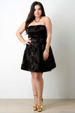 Flocked Floral Velvel Self-Tie Ribbon Tube Skater Dress