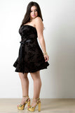 Flocked Floral Velvel Self-Tie Ribbon Tube Skater Dress
