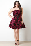 Flocked Floral Velvel Self-Tie Ribbon Tube Skater Dress