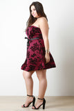Flocked Floral Velvel Self-Tie Ribbon Tube Skater Dress