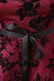 Flocked Floral Velvel Self-Tie Ribbon Tube Skater Dress