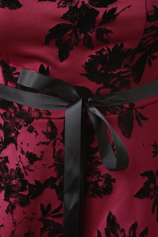 Flocked Floral Velvel Self-Tie Ribbon Tube Skater Dress