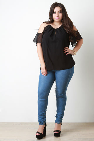 Cold Shoulder Chiffon Necklace Neckline Top