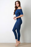 Folded Off-The-Shoulder Washed Denim Jumpsuit