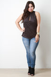 Suede Ruched Mock Neck Sleeveless Top