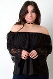 Crochet Mesh Chiffon Off-The-Shoulder Long Sleeve Top