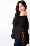 Crochet Mesh Chiffon Off-The-Shoulder Long Sleeve Top