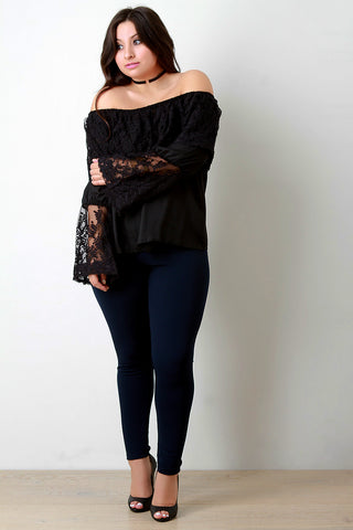 Crochet Mesh Chiffon Off-The-Shoulder Long Sleeve Top