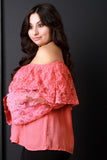 Crochet Mesh Chiffon Off-The-Shoulder Long Sleeve Top