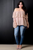 Crochet Mesh Chiffon Off-The-Shoulder Long Sleeve Top