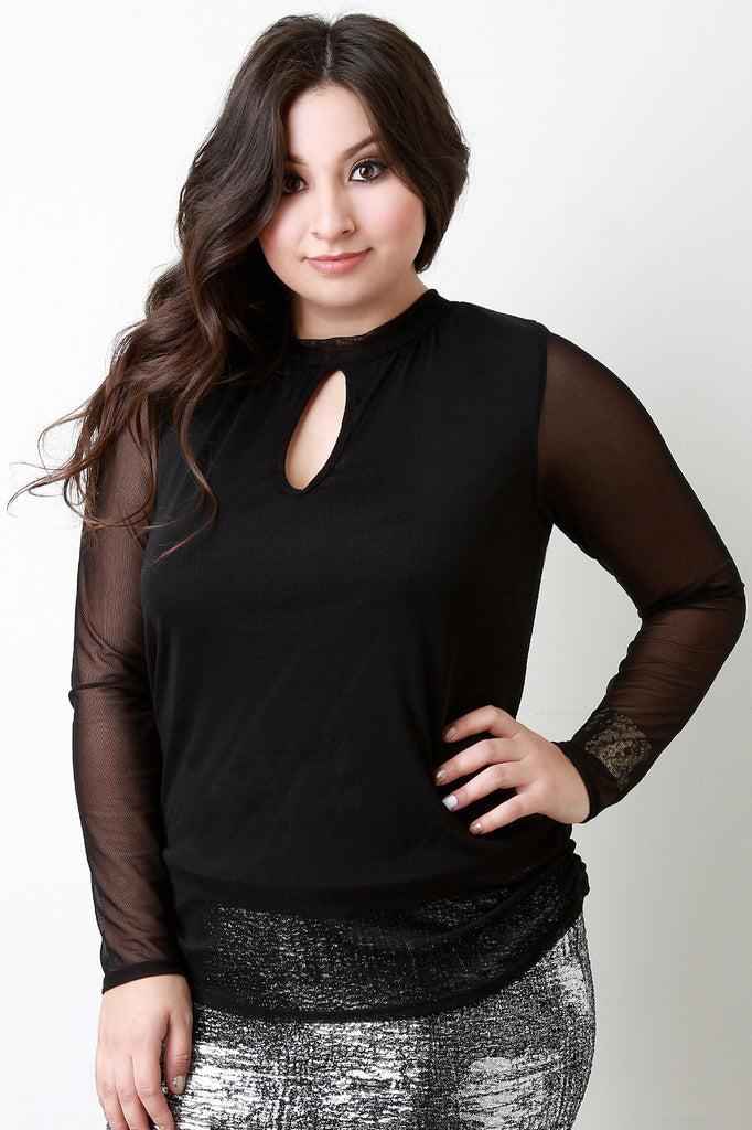 Mesh Long Sleeve Keyhole Top