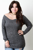 Off The Shoulder V Neck Rib Knit Sweater