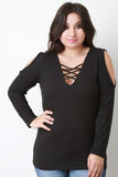 Lace Up V Neck Cold Shoulder Top