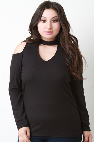 Long Sleeve Cold Shoulder Rib Knit Keyhole Top