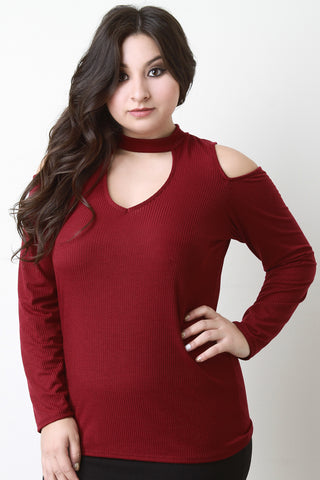 Long Sleeve Cold Shoulder Rib Knit Keyhole Top