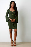 Rib Knit Button Accent Bell Sleeves Dress