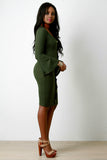Rib Knit Button Accent Bell Sleeves Dress