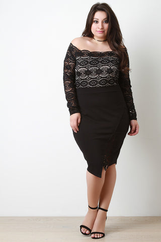 Scallop Lace Bardot Contrast Midi Dress