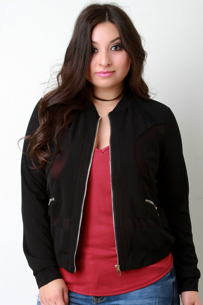 Mesh Panel Zipper Accent Zip-Up Jacket