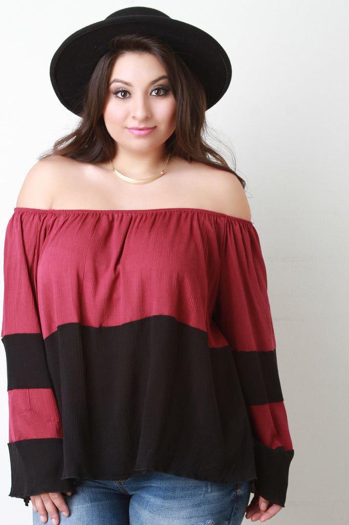 Color Block Bardot Bell Sleeve Top