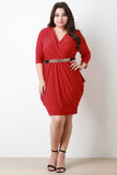 Surplice V-Neck Long Sleeves Belted Ruched Dress