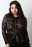 Floral Lace Zipper Trim Tiered Ruffle Hem Jacket