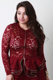 Floral Lace Zipper Trim Tiered Ruffle Hem Jacket