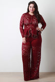 Floral Lace Zipper Trim Tiered Ruffle Hem Jacket