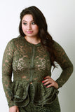 Floral Lace Zipper Trim Tiered Ruffle Hem Jacket
