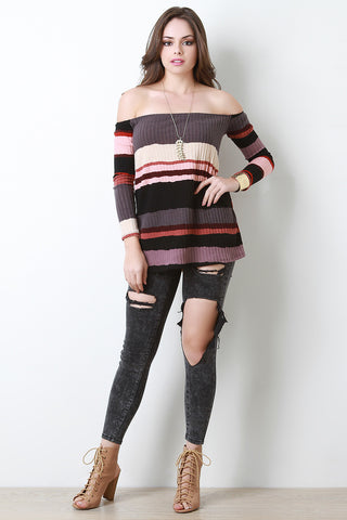 Striped Ribbed Knit Bardot Top