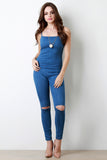 Denim Square Neck Spaghetti Strap Knee Slit Jumpsuit